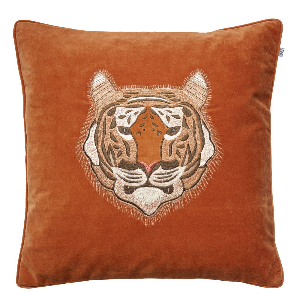 Chhatwal & Jonsson - Embroidered Tiger Kuddfodral Sammet Orange 50x50