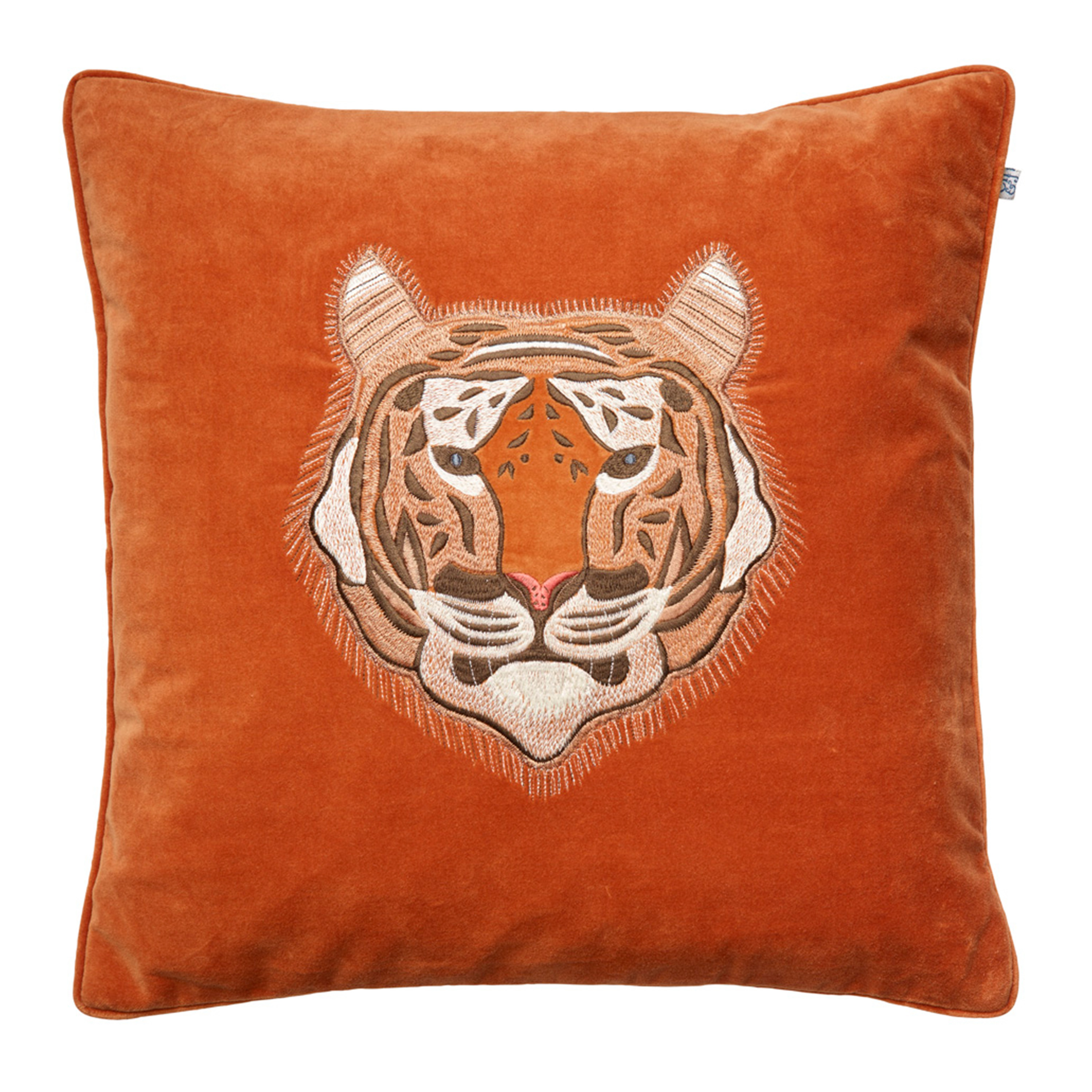 Embroidered Tiger Kuddfodral Sammet Orange 50x50