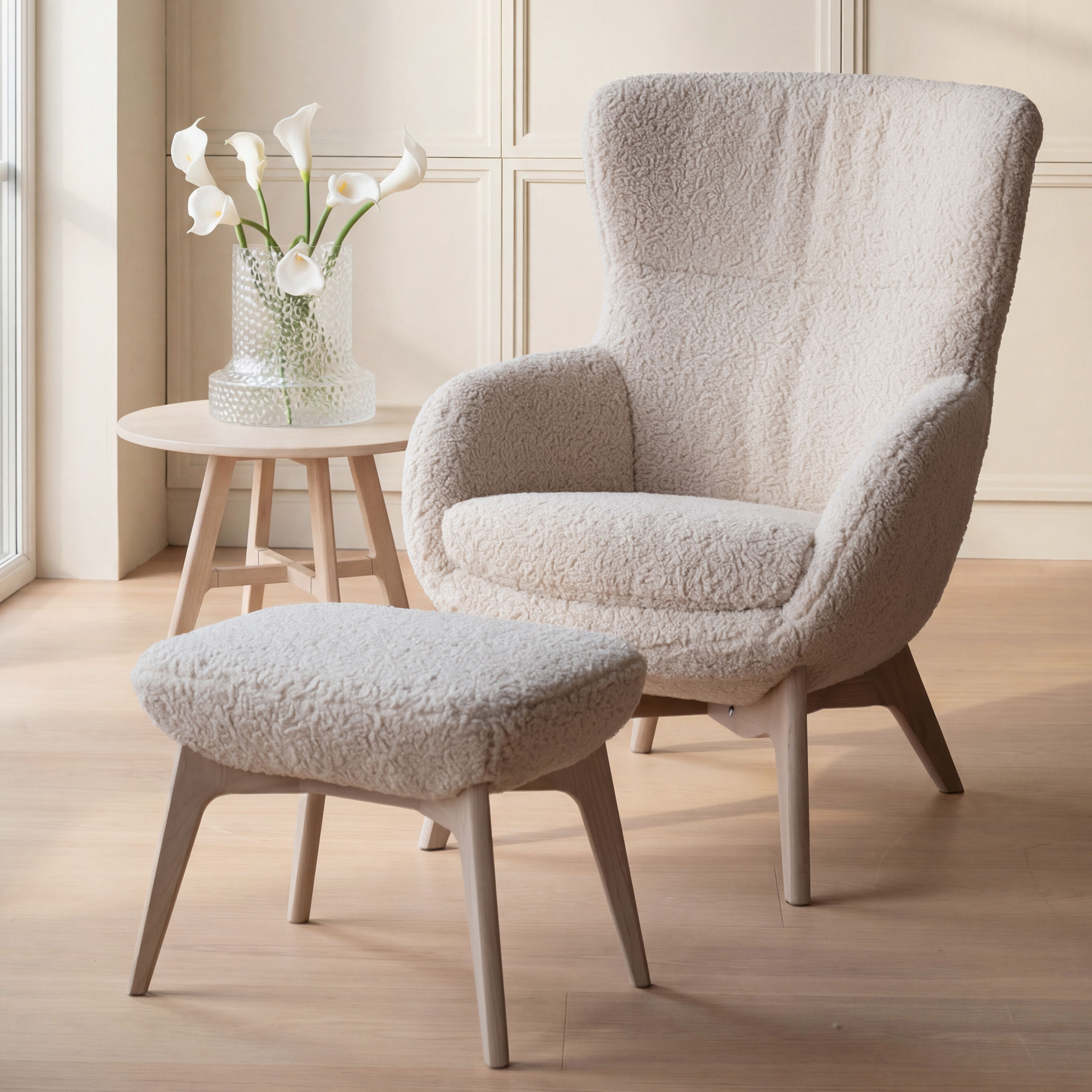 Dunbrody Fåtölj m. Fotpall Ljusbeige Teddy/Vitpigmenterad Ek