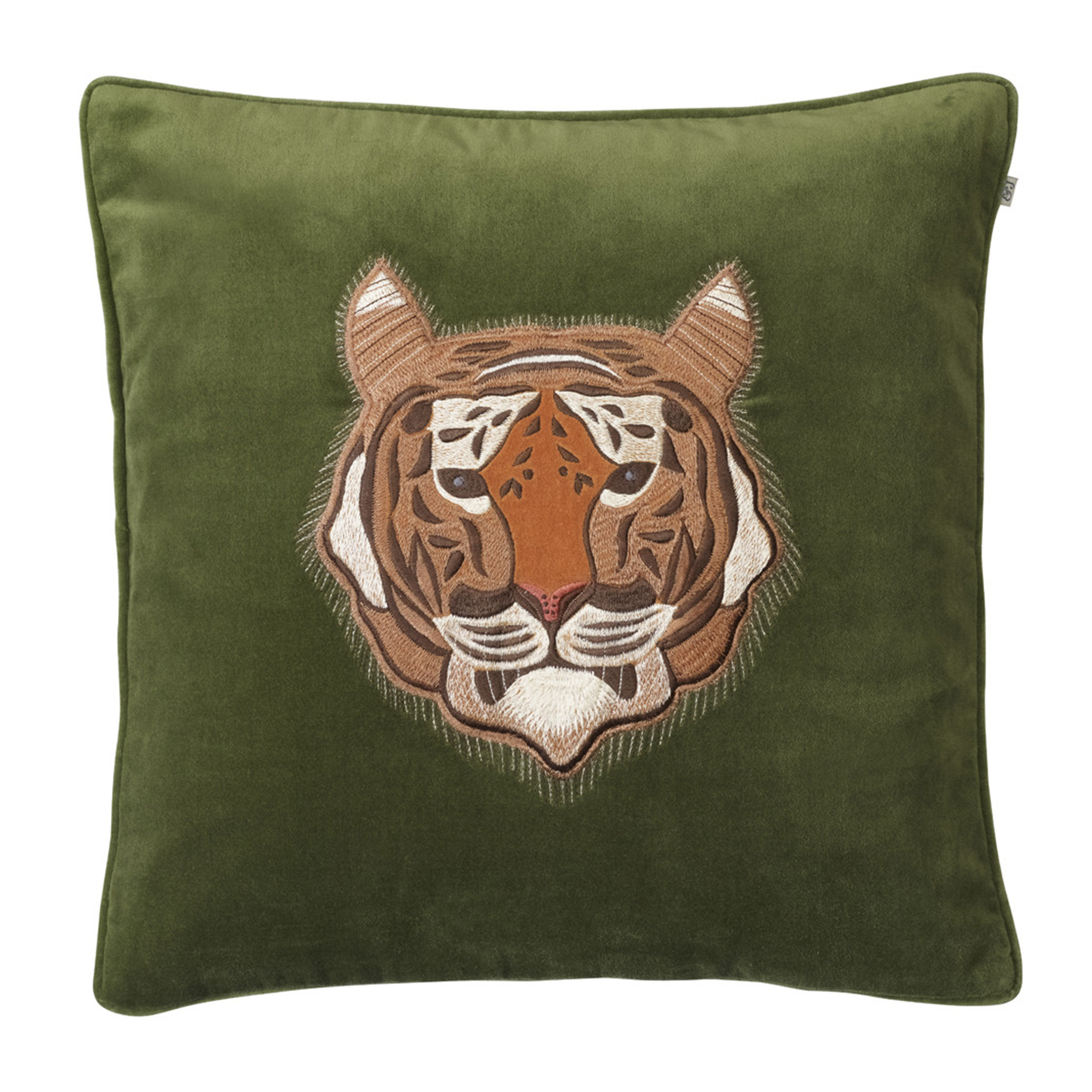 Embroidered Tiger Kuddfodral Sammet Cactus Green 50x50