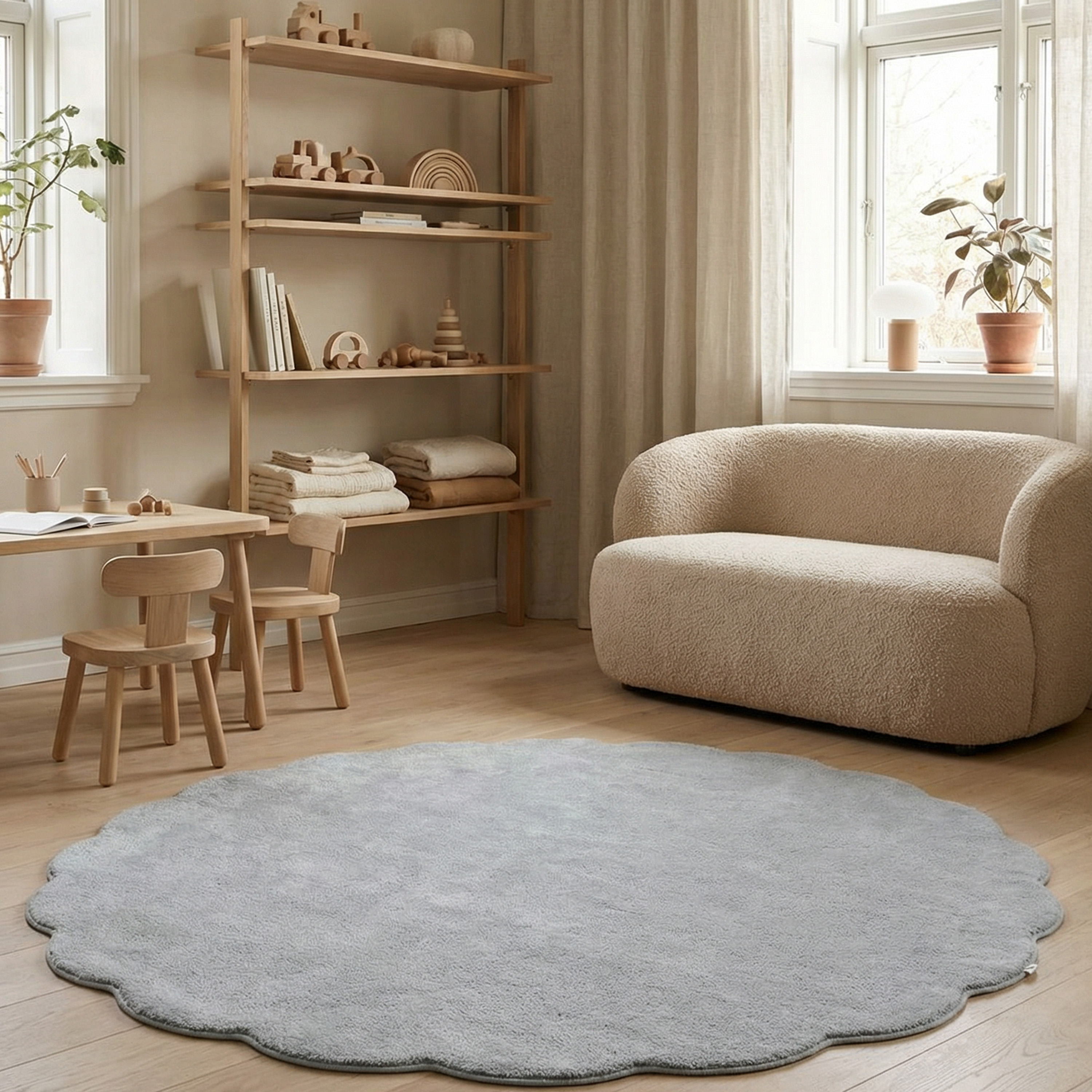 Classic Collection Shell Wool Rug Round Blue Ø120