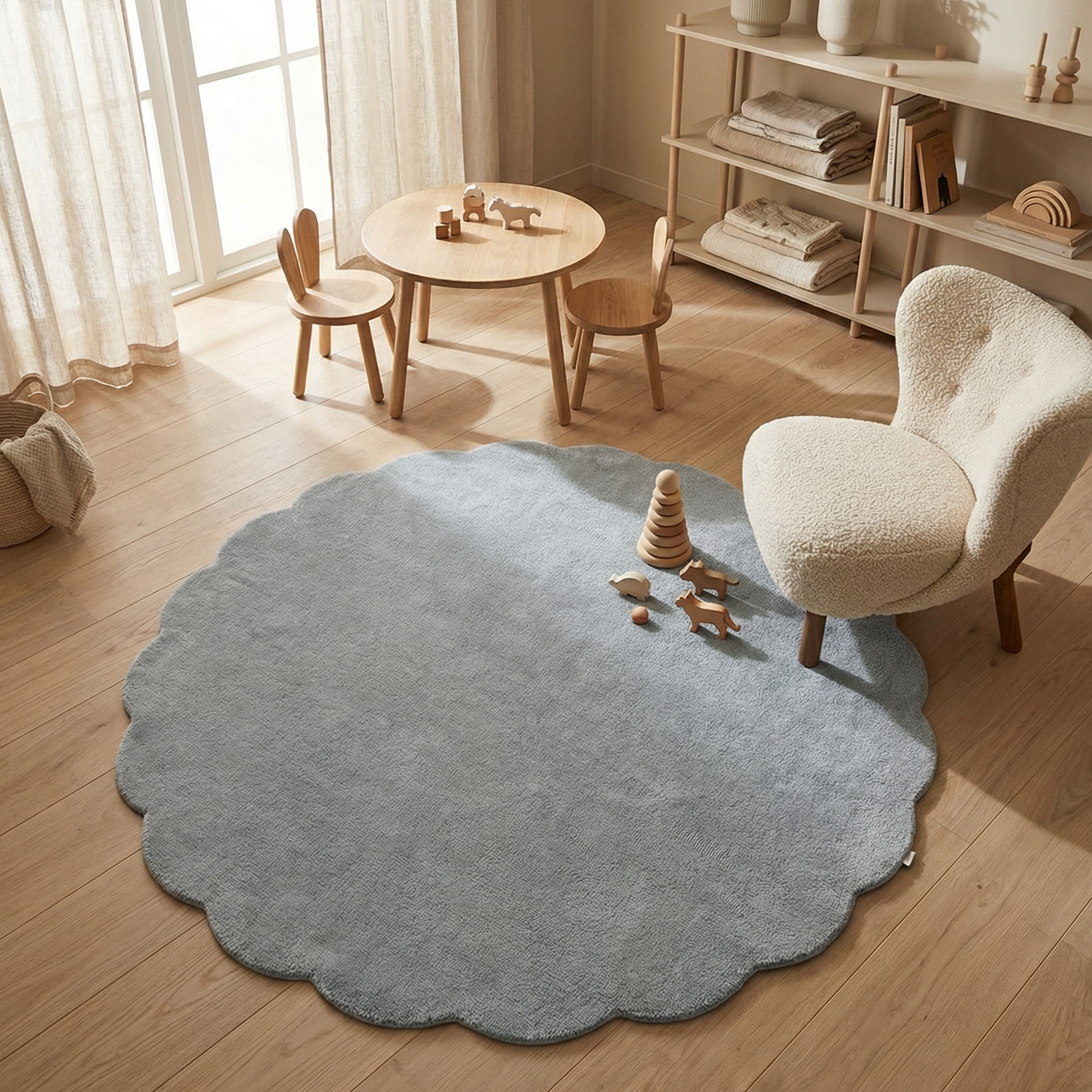 Classic Collection Shell Wool Rug Round Blue Ø120