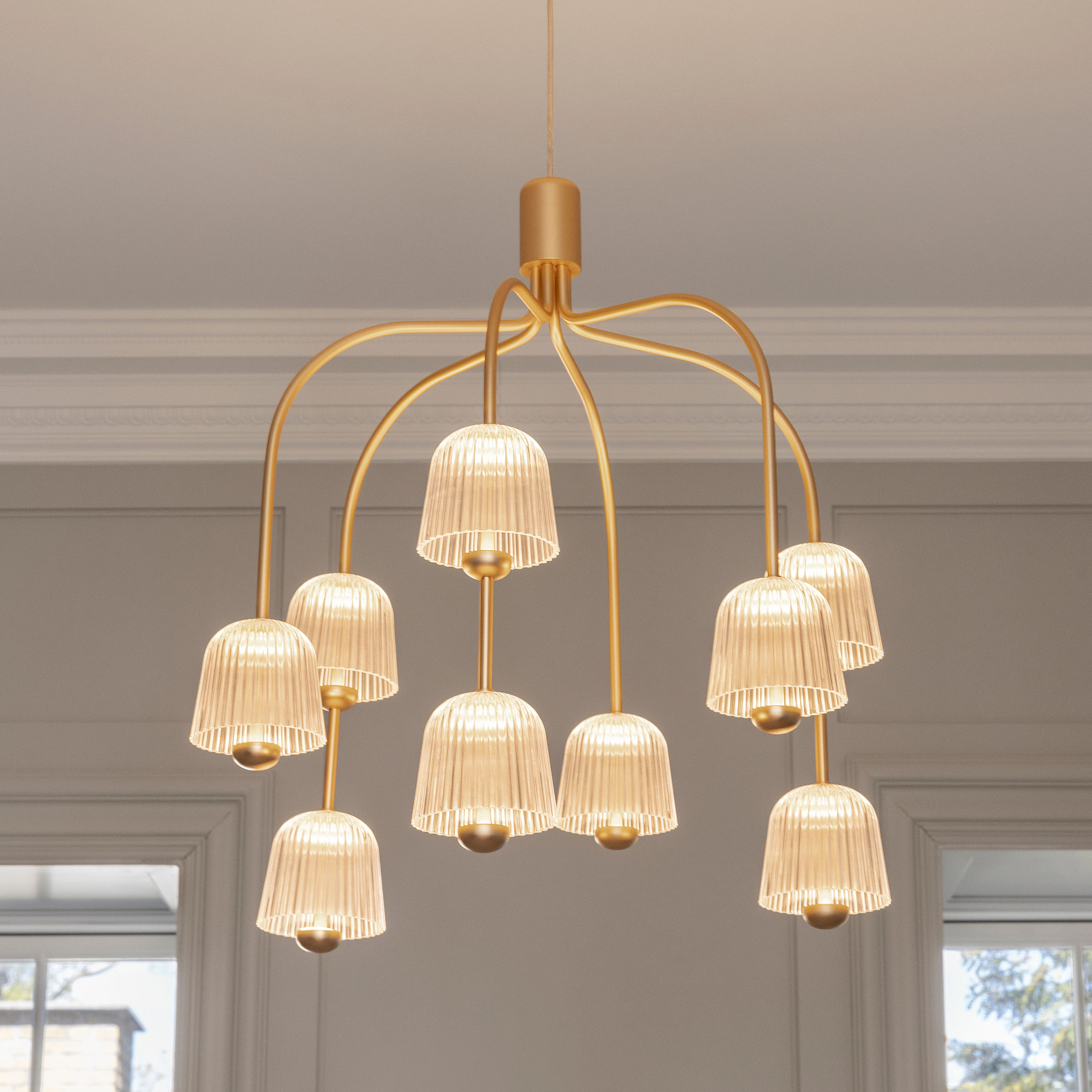 Nuura Asteea 9 Taklampa Satin Brass/Ripple Clear