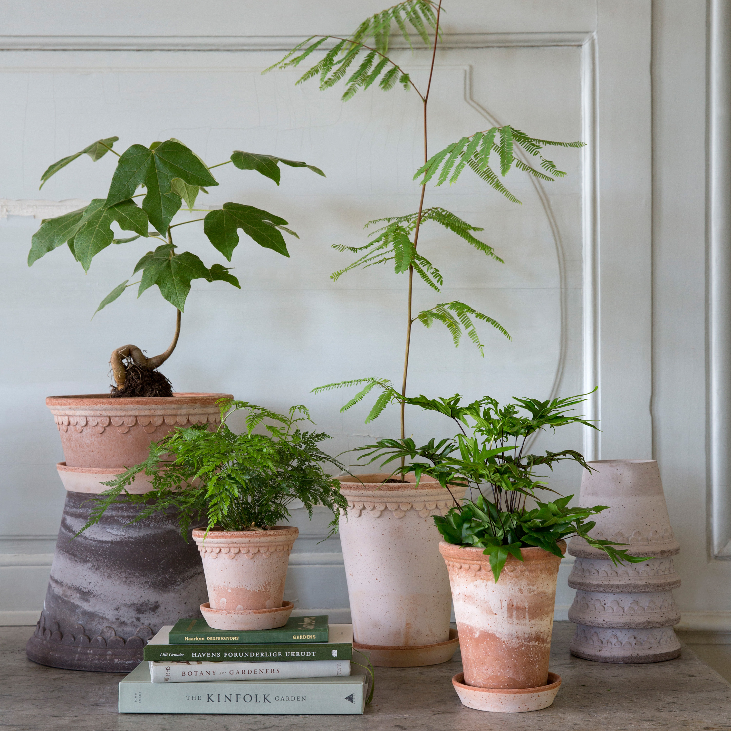 Bergs Potter Københavner Topf mit Untertasse, rohes rosa Terrakotta, Ø16