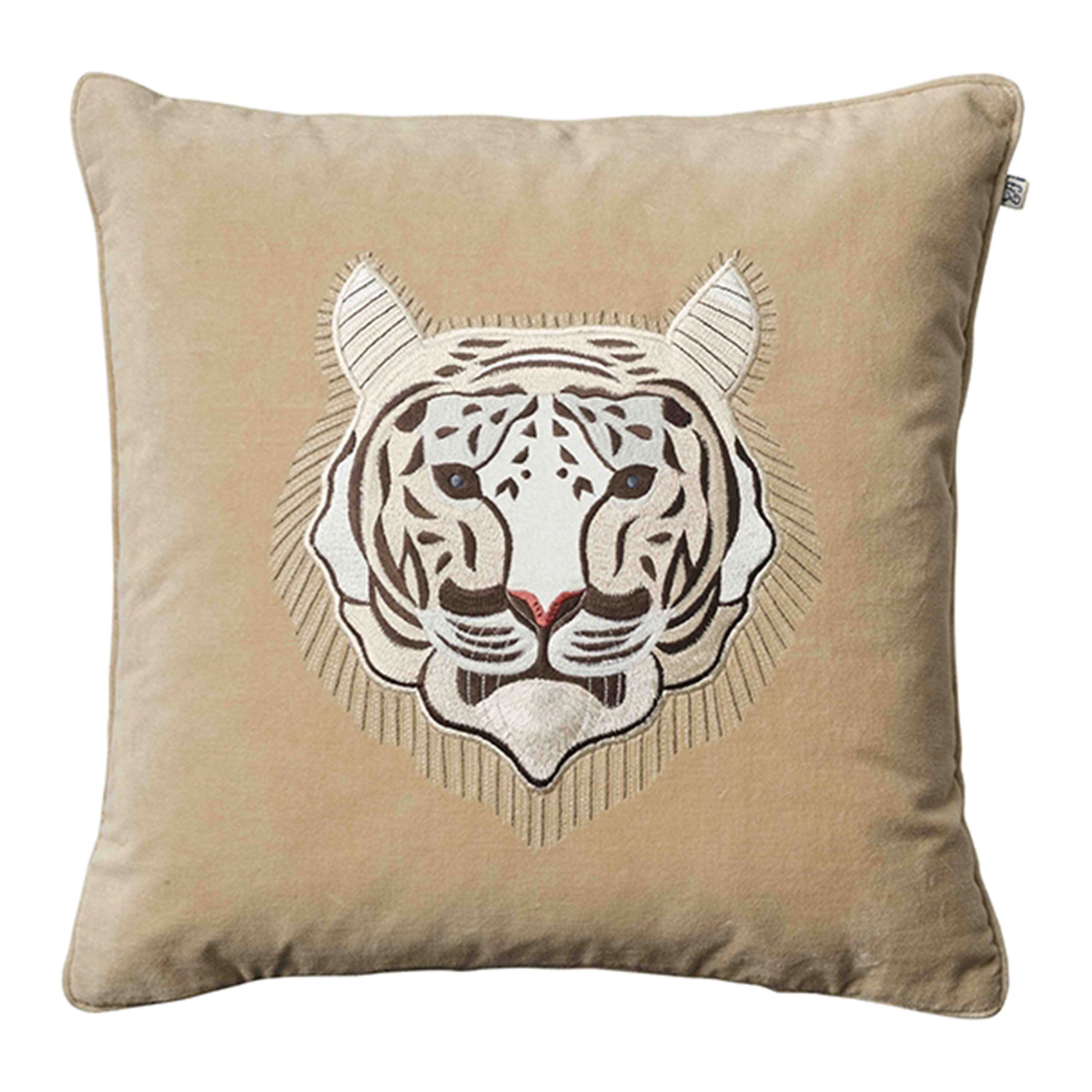 Embroidered White Tiger Kuddfodral Sammet Beige 50x50