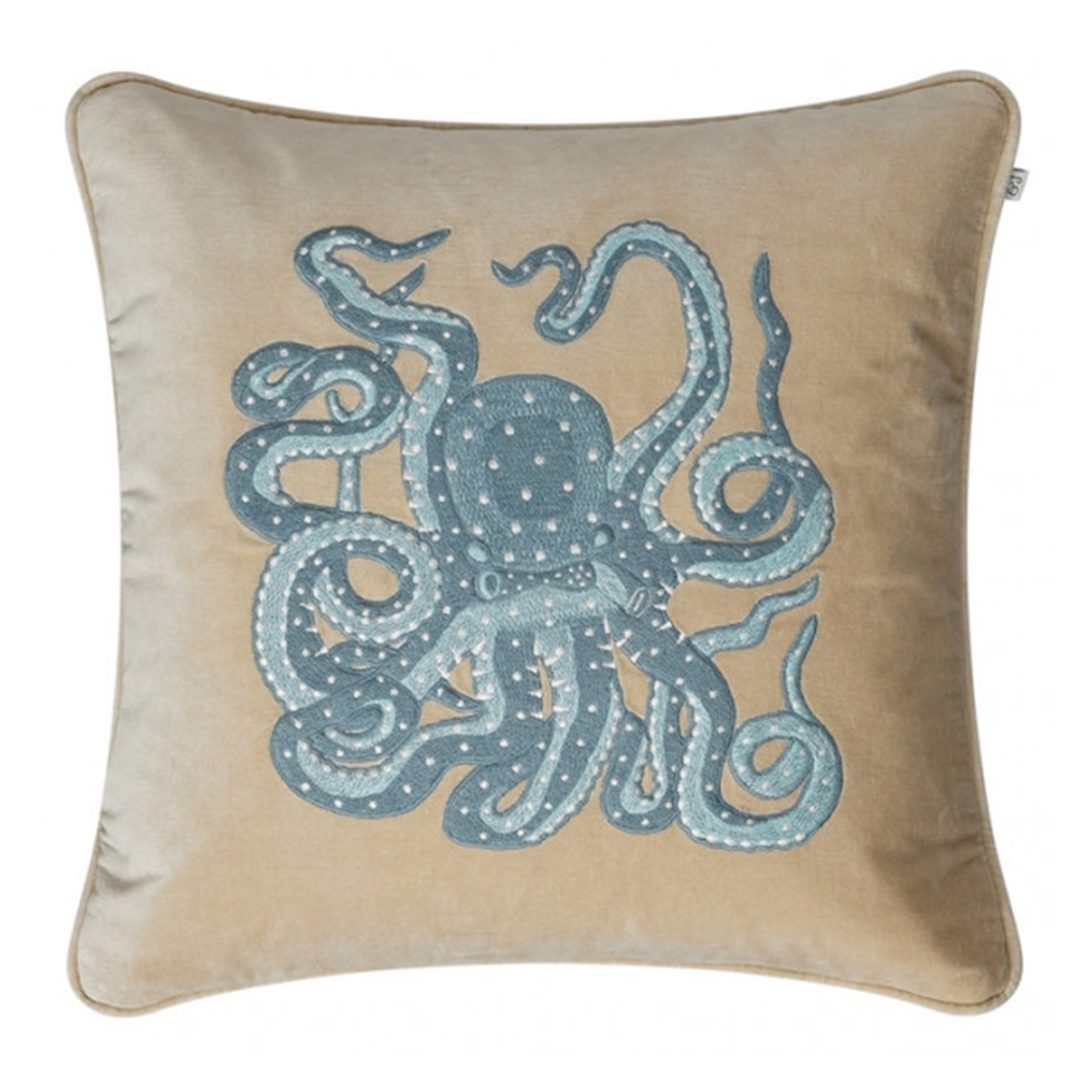 Embroidered Octopus Kuddfodral Sammet Beige/Aqua 50x50