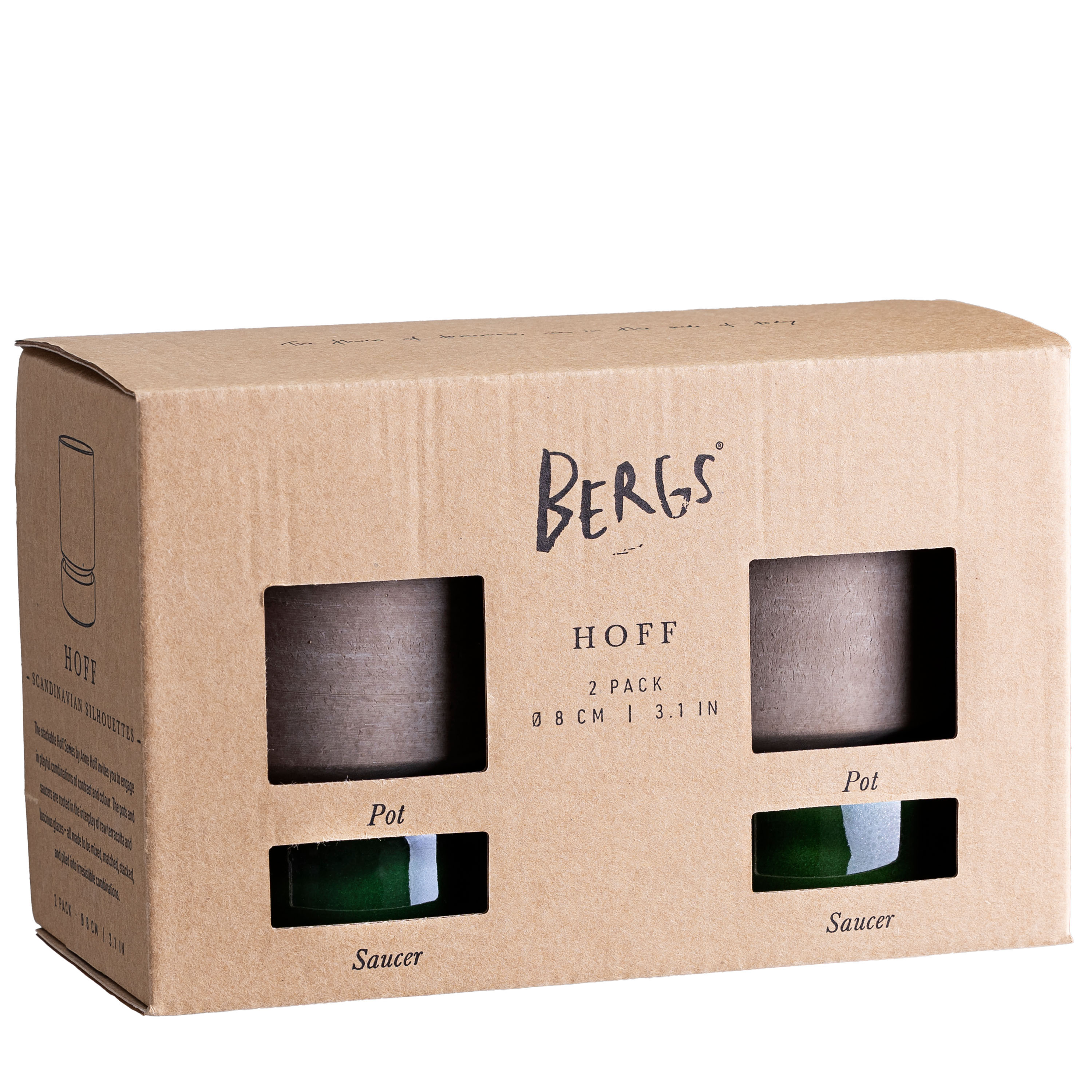 Bergs Potter Hoff Ruukku aluslautasella Raw Grey Lasitettu Emerald Green Ø8, 2-kpl