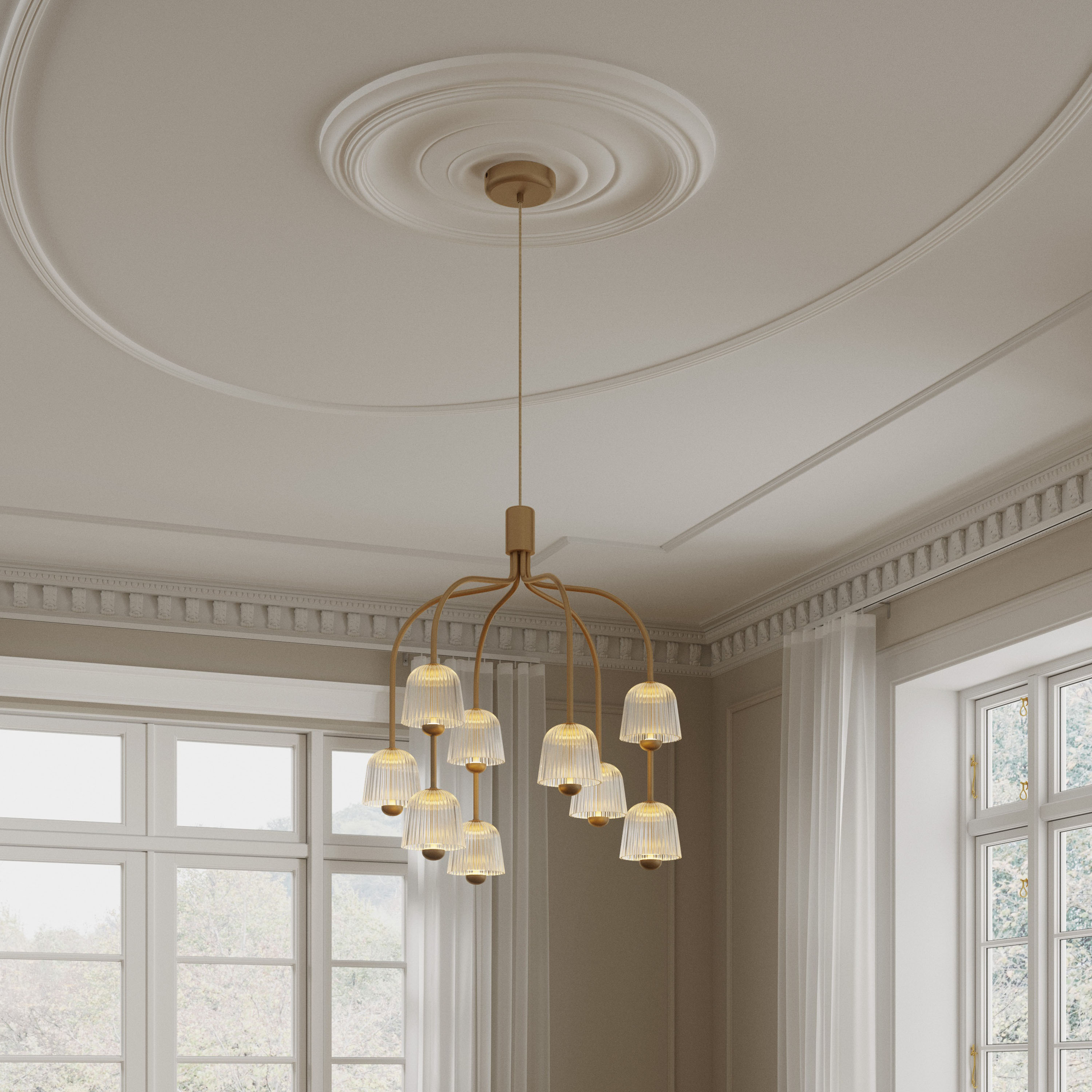 Nuura Asteea 9 Taklampa Satin Brass/Ripple Clear