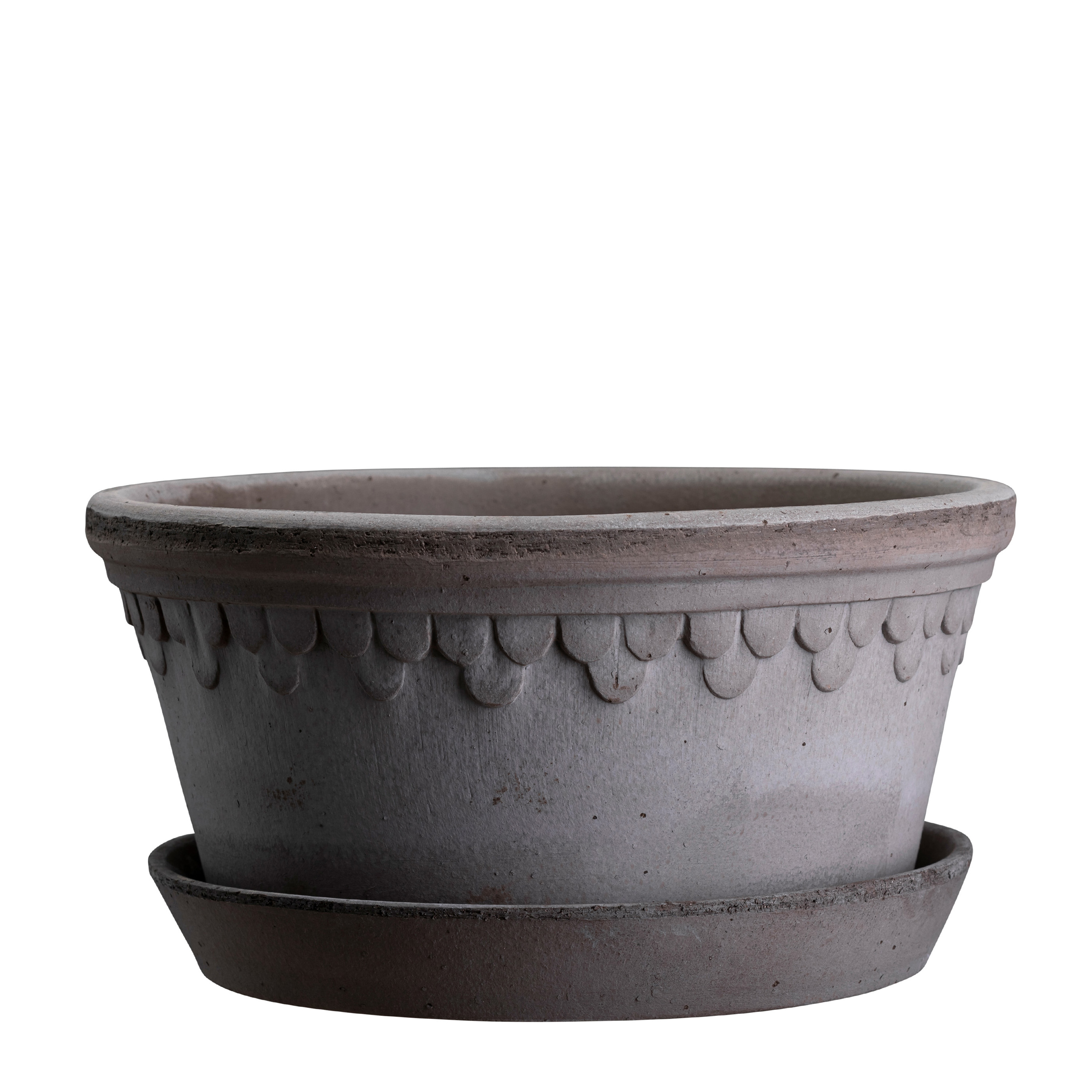 Københavner Low‑ruukku aluslautasella Raw Grey Terrakotta Ø25