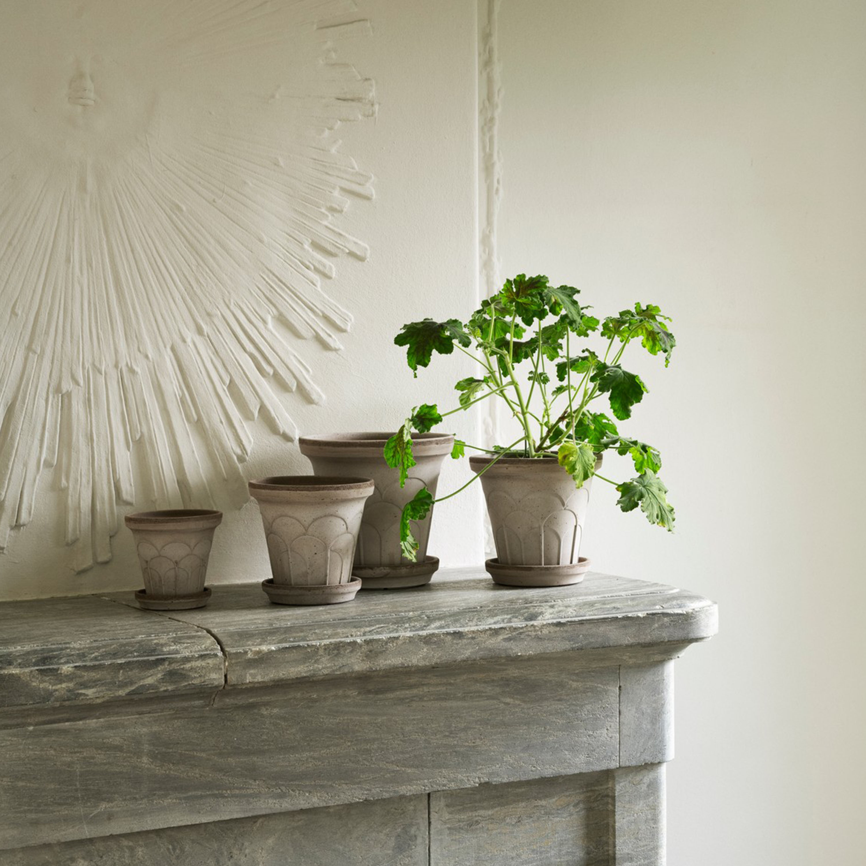 Bergs Potter Fleur Ruukku aluslautasella Raw Grey Ø18