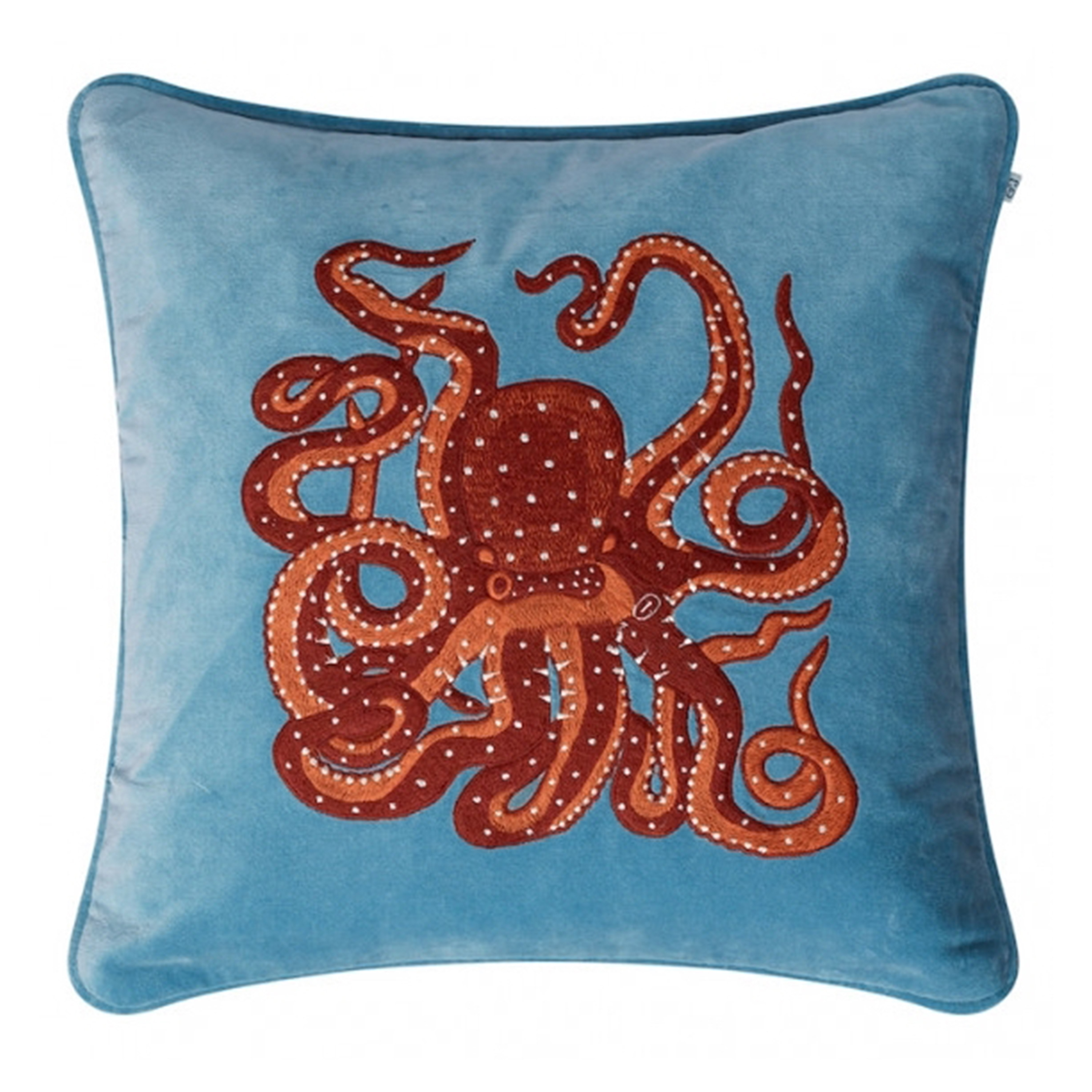 Embroidered Octopus Kuddfodral Sammet Heaven Blue/Orange/Rose 50x50