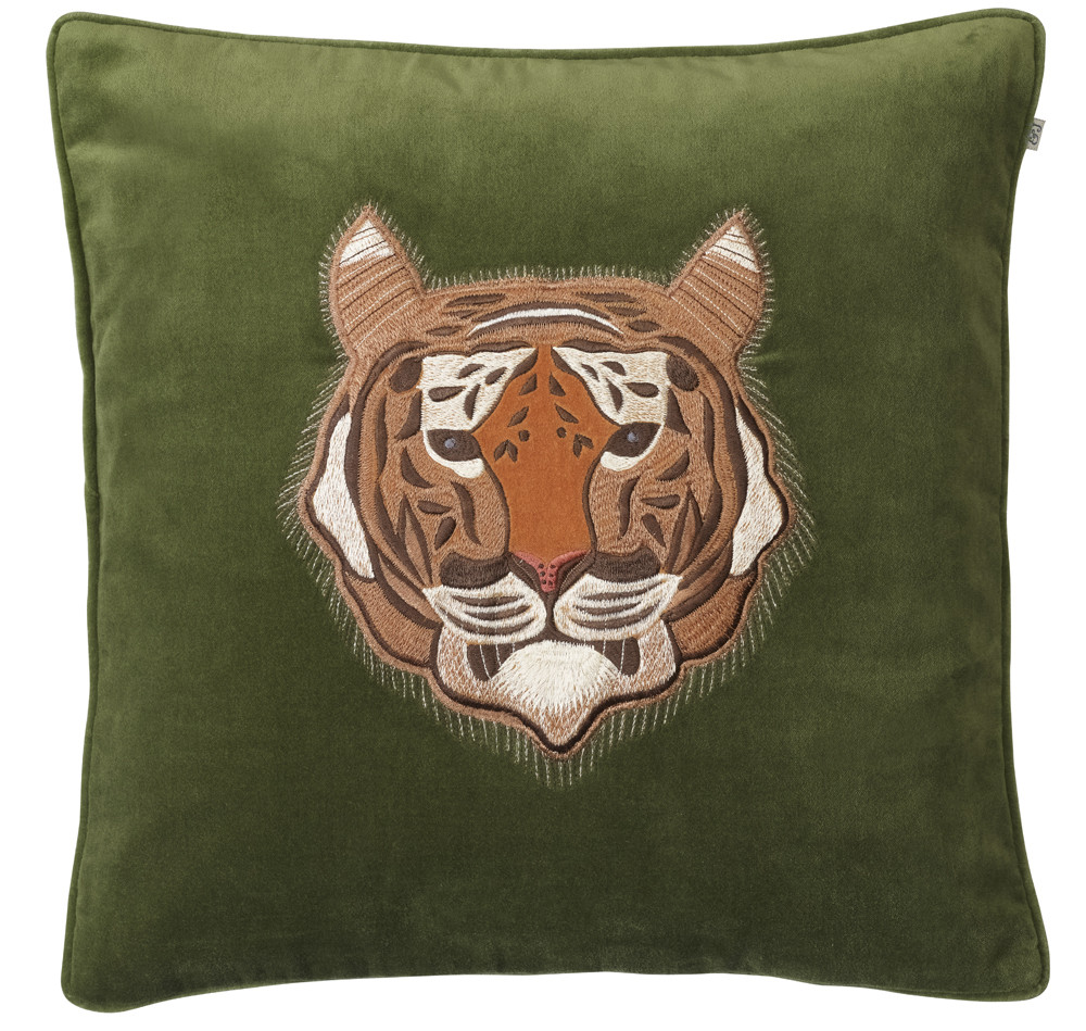 Chhatwal & Jonsson - Embroidered Tiger Kissenbezug Samt Kaktusgrün 50x50 - Dekokissenbezug